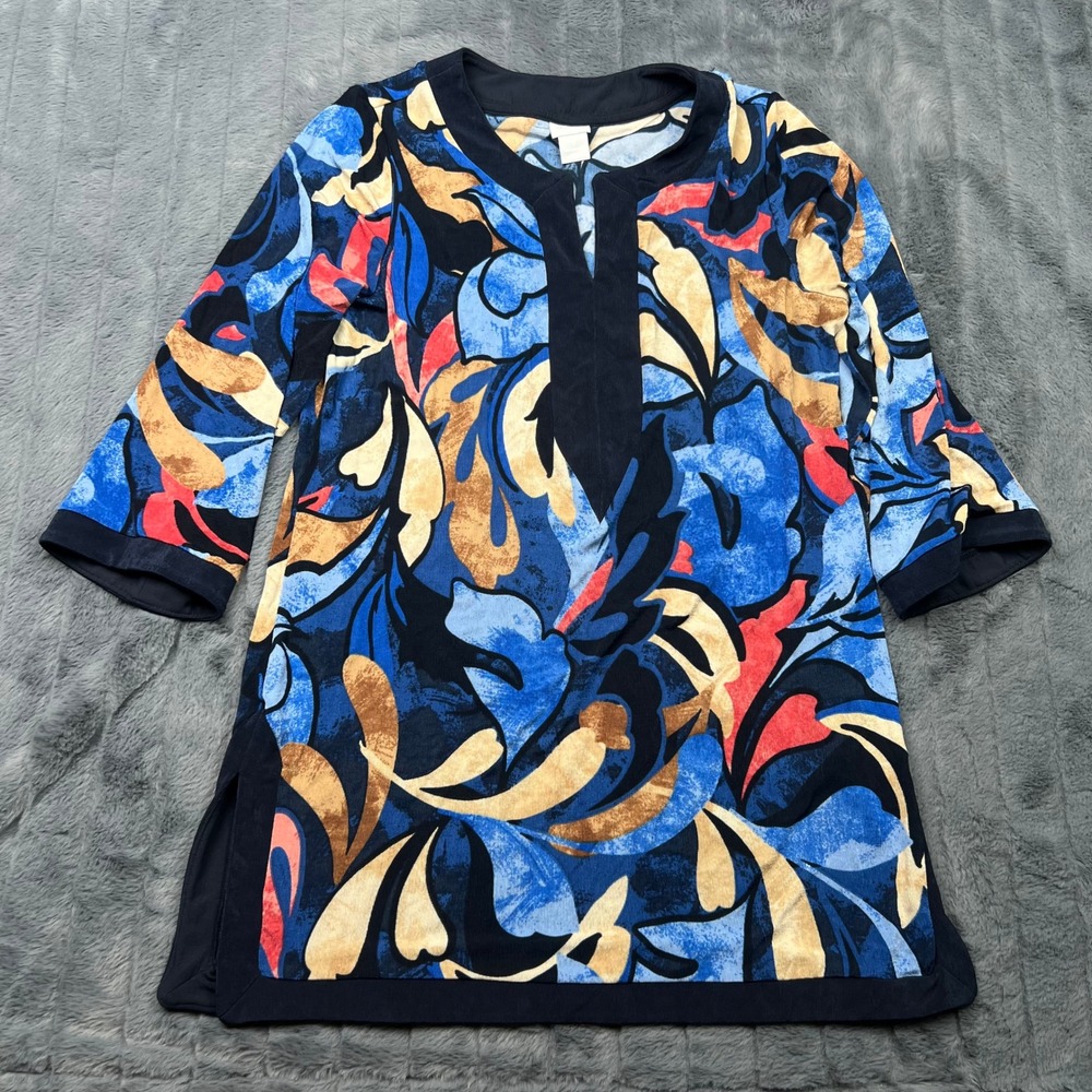 Chicos Travelers Tunic Top Womens Size 1 Abstract Floral Blue Gold 3/4 Sleeve